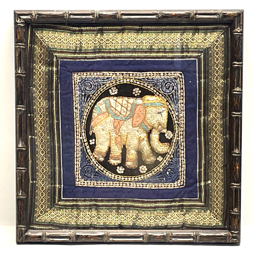 Vintage Asian Elephant Embroidered Textile Sequin Tapestry Framed Wall Art 17"
